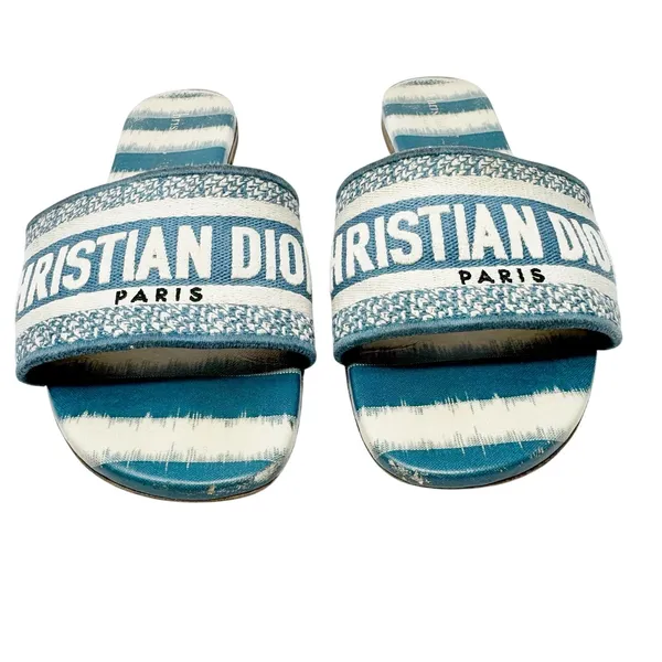Christian Dior Dway Slides Deep Ocean Blue White Striped Canvas Sandals 37.5 - Image 3