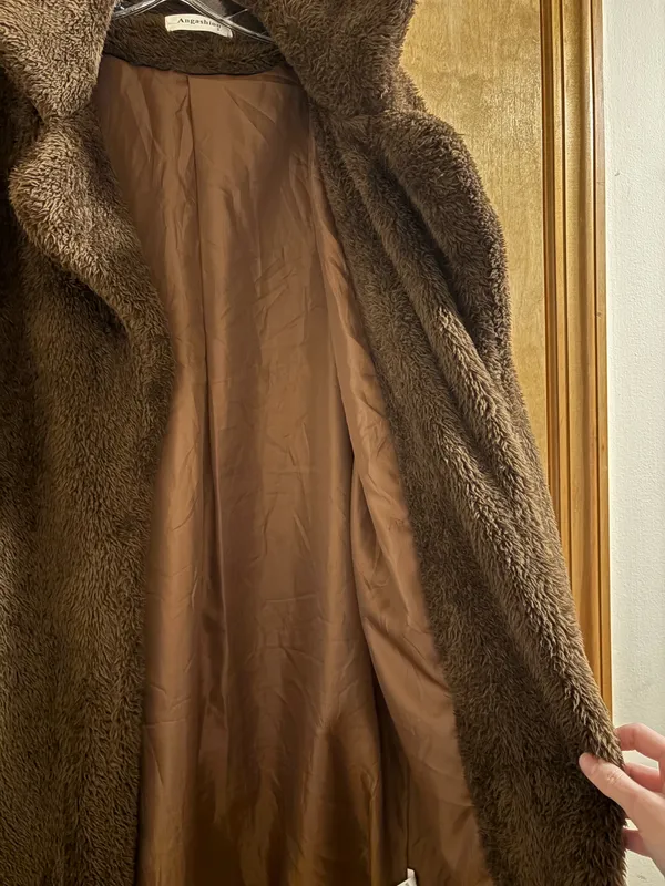 Angashion Women's Brown Fuzzy Fleece Lapel Open Front Long Coat Faux Fur - Image 4