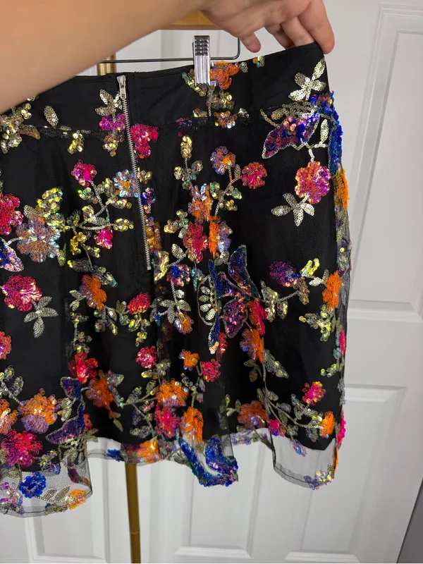 Impressions 1X Black Multicolor Floral Sequin Fit & Flare Mini Skirt NWOT - Image 10