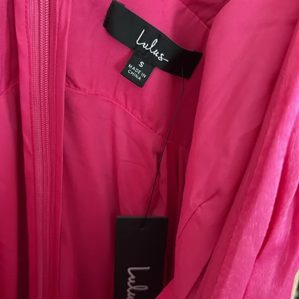 New Lulus Peak‎ Party Vibe Hot Pink Satin Tiered Tie-Back Midi Dress Size S - Image 9