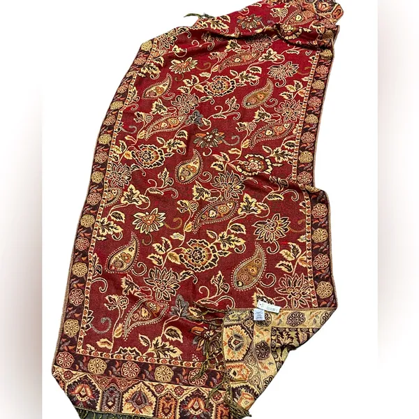 Source Unknown Burgundy Metallic Gold Paisley Print Wrap Scarf Pashmina Sarong Tapestry Fringed - Image 6