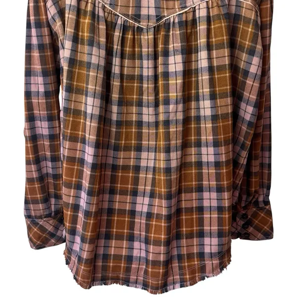 Free People‎ Cozy Dream Flannel Buttondown Oversized Raw Hem Feminine Outdoors L - Image 7