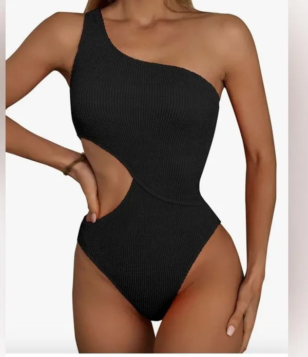 Woman’s New XL Elegant Black One-Shoulder Mokini Side Cut Out Textured Retro - Image 5