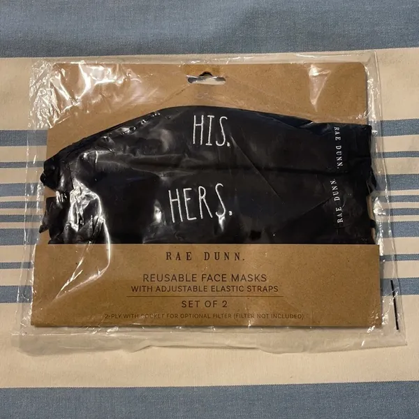 Rae Dunn His Hers Reusable Face Masks‎ Black NEW - Image 3