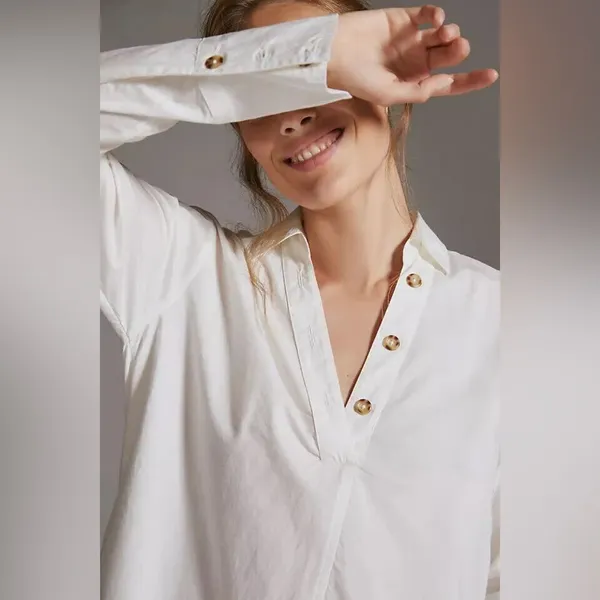 Anthropologie Maeve White Pop Over Henley Blouse‎ Sz Small Oversized - Image 2