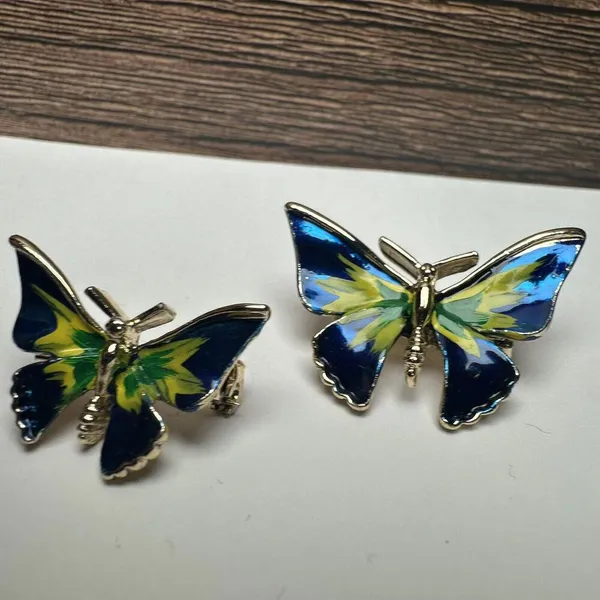Butterfly Insect Blue Yellow Green Enamel Brooch Pin Gold Tone Set Of 2 - Image 2