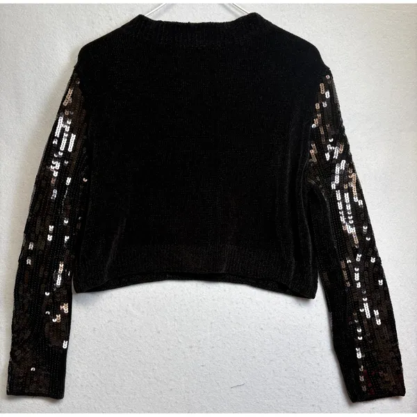 ZARA Sequin Pullover Top Black Cropped Long Sleeve Crew Neck Sweater Small - Image 3