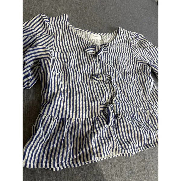 Japna Blue White Striped Tie Front Bow Puff Short Sleeve Square Neck Blouse M - Image 3