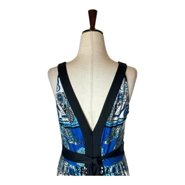 Eci New York Dress Womens 6 Blue And Black Paisley‎ Beaded V Neck Tie Back Maxi - Image 4
