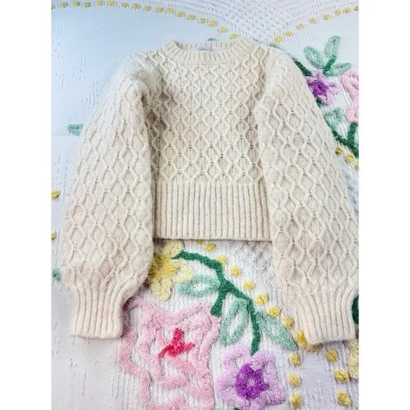 West of Melrose‎ Cream Cable Knit Balloon Sleeve Sweater Ivory XS Honeycomb - Image 2