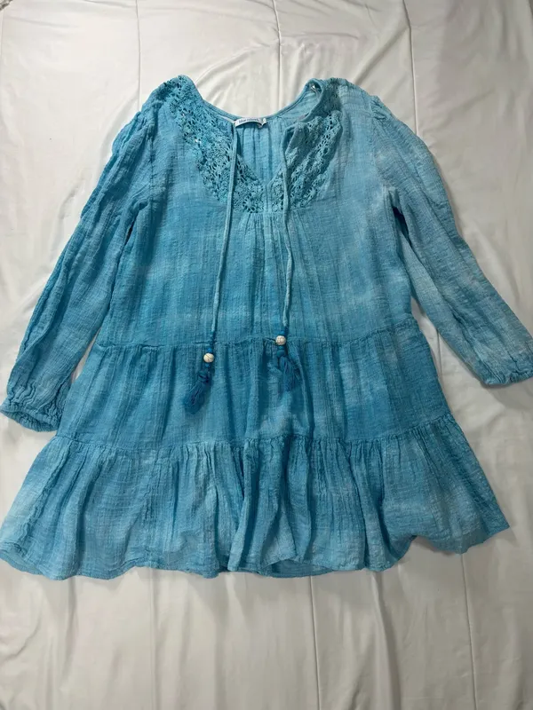 Blue Island Turquoise Boho Tiered Mini Dress Crochet Lace babydoll Cover Up Chic - Image 3