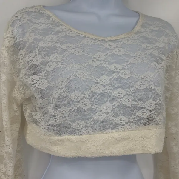Y2K Sheer Lace Crop Top Sz XL Cream Festival Coquette Long Sleeve Fairy Grunge - Image 3