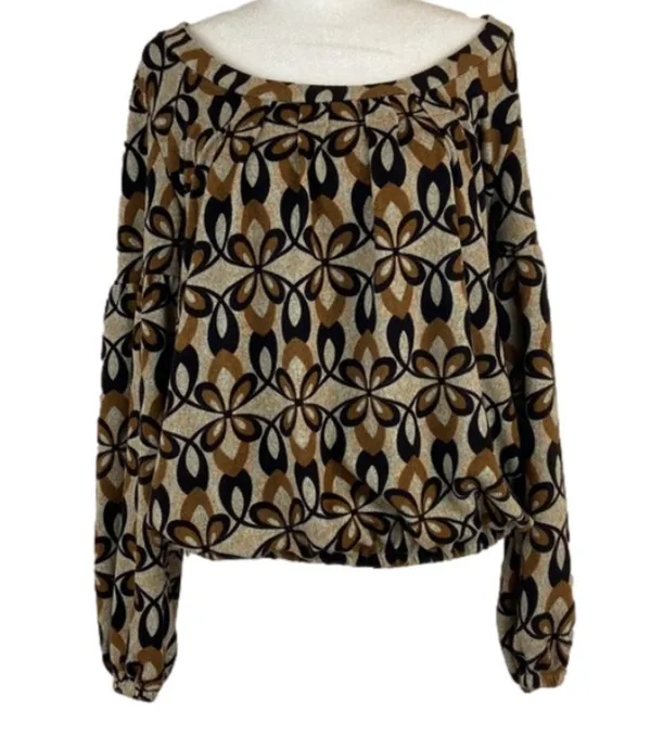 Funky People Tan Brown and Black Puff Sleeve Elastic Waist Floral Top Size XL - Image 2