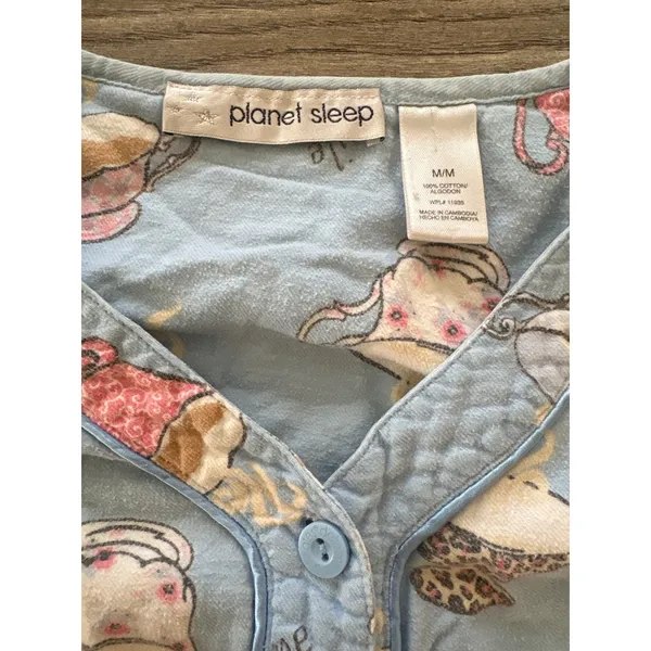 Planet Sleep Womens Blue Cotton Flannel Tea Cup Pajama Set Size Medium - Image 3