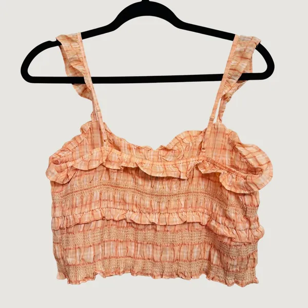 274 | American Eagle Women Small Plaid Smocked Ruffle Crop Tank Top‎ Orange - Image 2