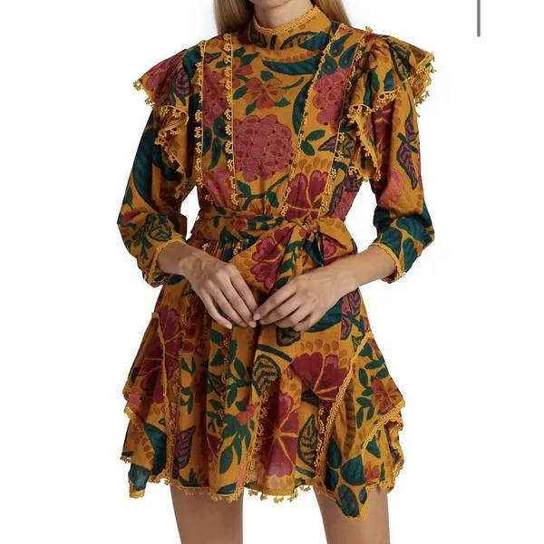 Farm Rio Mini Dress Yellow Floral Ruffle Pom Pom Trim Mock Neck Belted - Image 3
