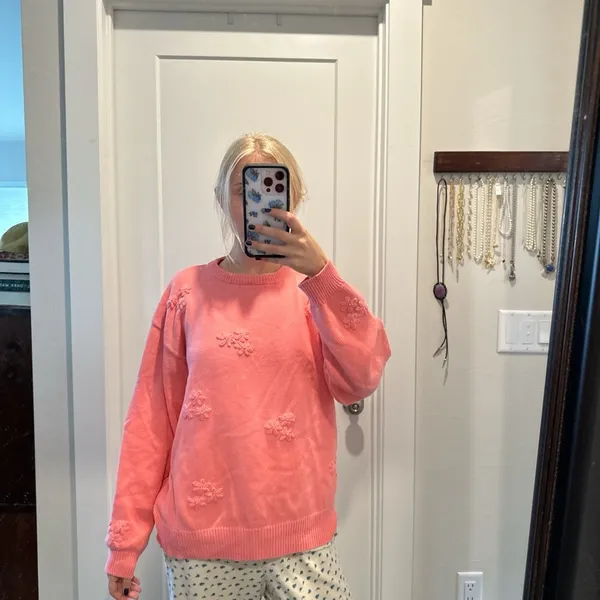 Vintage Tulchan Pink‎ Floral Embroidered Sweater | 90s Cottagecore Cotton Knit L - Image 4