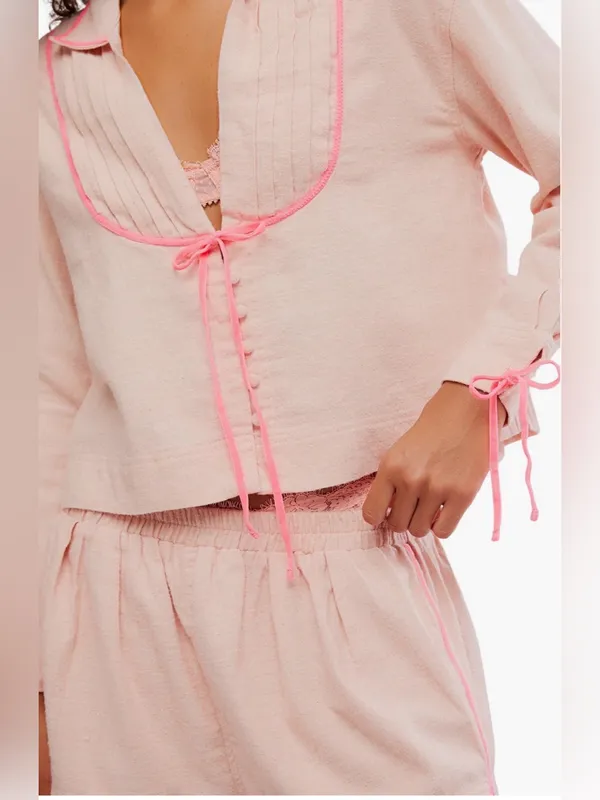 Free people close to home cotton flannel pajama set in neon peach $98 NWT. - Image 4
