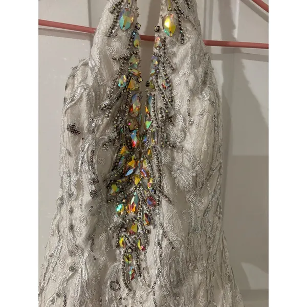 Precious Divas White Silver Sequin Crystal‎ Halter Mermaid Pageant Prom Dress 6 - Image 3
