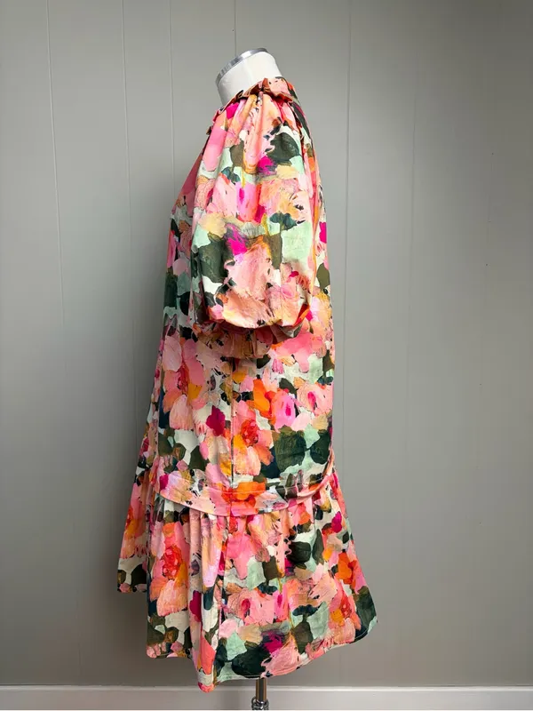 THML Floral Puff Sleeve Drop Waist Dress Pockets Small - Image 3