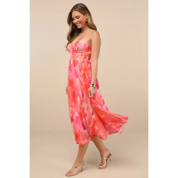 NWT Lulus Aysel Coral Pink Abstract Strapless Bustier Midi Dress Cruise Vacay XS - Image 8
