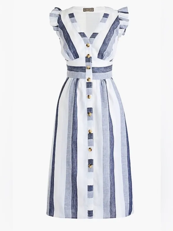 J. CREW Point Sur 100% Linen Stripe Midi Dress Buttons size 4 Resortwear summer - Image 2