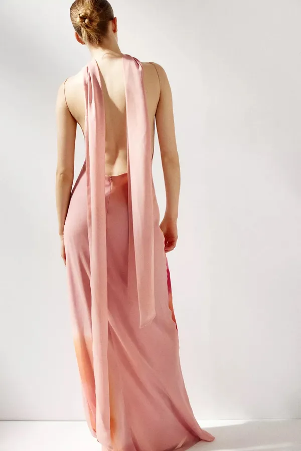 Zara Elegant Pink and Orange Maxi Dress scarf evening party wedding - Image 14