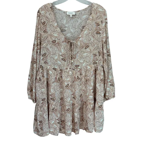 Bohme Womens Paisley Tiered Babydoll Mini‎ Dress Tan Brown V-Neck Rayon FD6018 M - Image 2