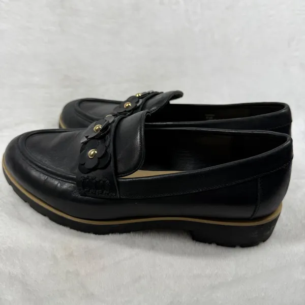 Kate Spade Karisa Black Leather Floral Studded Loafers Womens 5.5M Slip On Shoes - Image 4