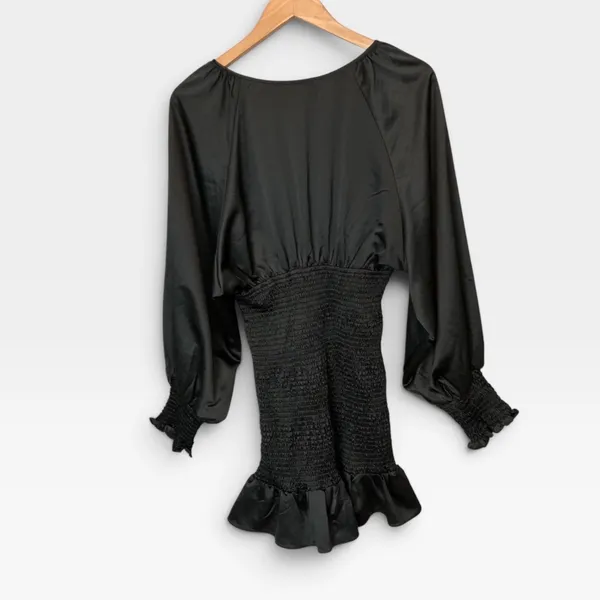 Karlie Black Satin Smocked V-Neck Mini Dress Lantern Sleeve Ruffle Hem - Image 3