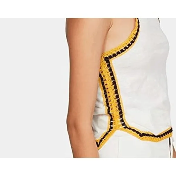 Free People Black Yellow Ivory Bora Bora Racerback Crochet Linen Blend Trim Tank - Image 11