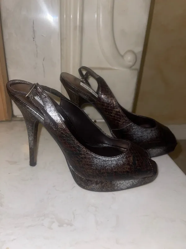 Steve Madden Dark Brown Snakeskin Peep-Toe Slingback Heels - Image 4