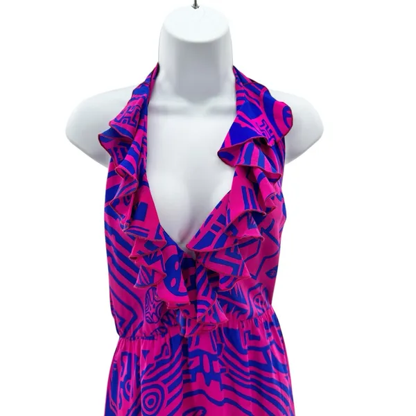 Amanda Uprichard Silk Halter Dress Medium‎ Pink Blue Print Ruffle Trim Summer - Image 2