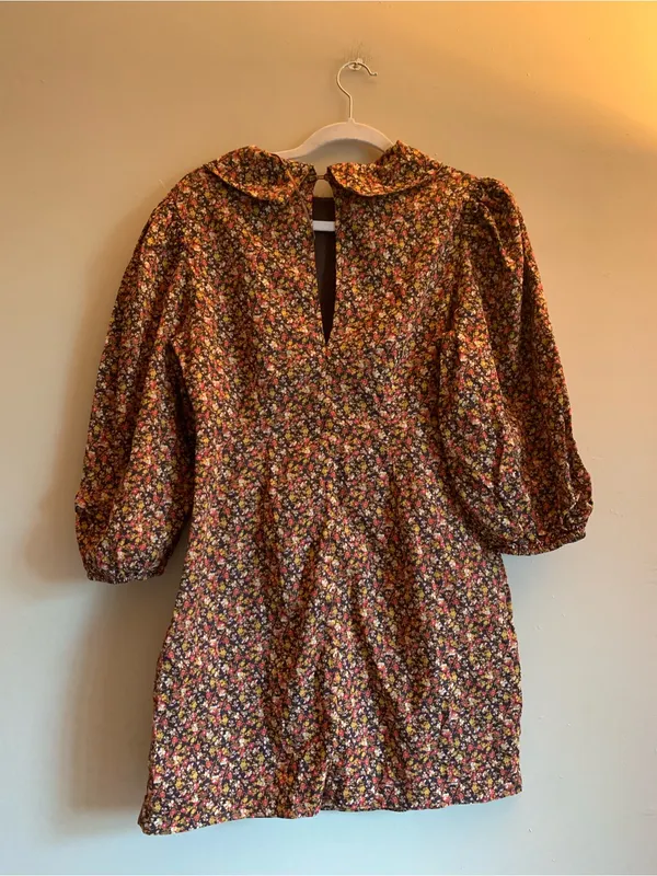 Free People Fall Dress Mini Long Puffed Sleeve 6 Women Peter Pan Collar Brown - Image 5