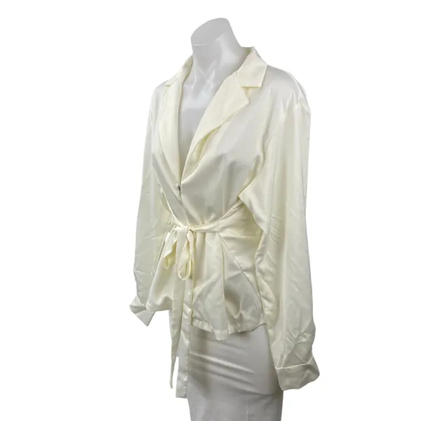 Commense Women's White Satin Long Sleeve Tie Front Shirt Tunic Wrap Blouse Top S - Image 3