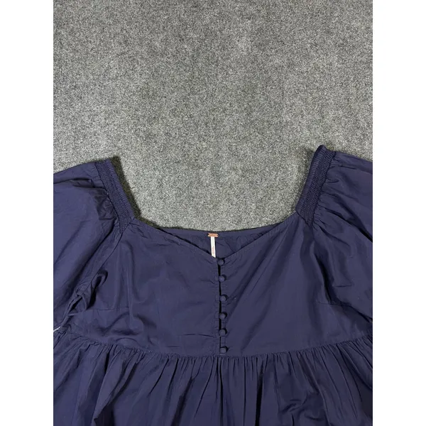 Free People Navy Blue Cotton Puff Sleeve Babydoll Blouse Top Large - Image 8