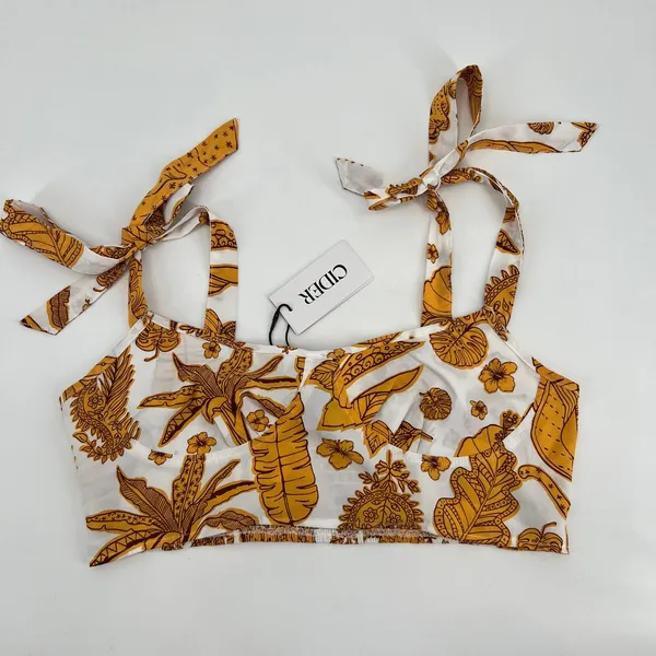 New Cider floral cream & yellow tie shoulder strap cropped top summer boho large - Image 2