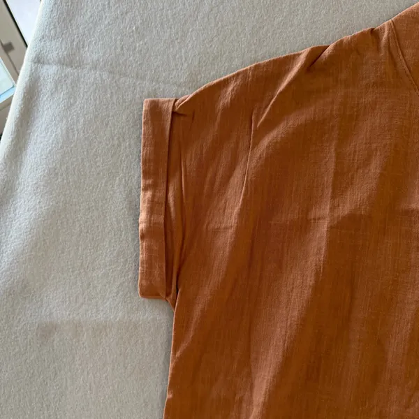 Women's Brown Short Sleeve Cotton Linen Feel Tunic Style Top Size Large #260703 - Image 3