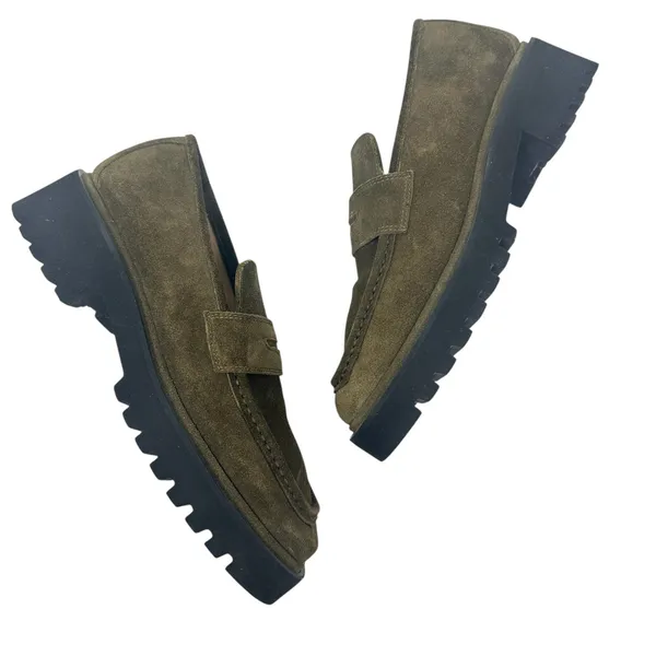275 Central Penny Loafers Flats Suede‎ Olive Green Brown Size 37.5 US 7.5 - Image 2