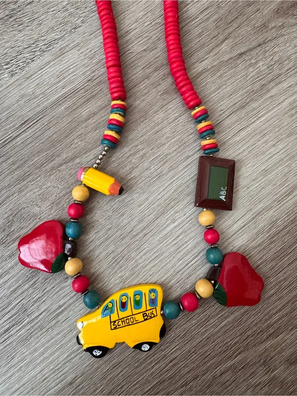 Teacher School Necklace Beaded Pencil Apple Bus Whimsical Vintage Red - Image 2