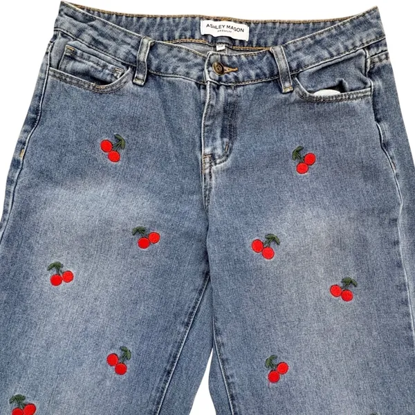 Ashley Mason Cherry Embroidered Wide Leg Jeans Women 7/28 Festival‎ Rockabilly - Image 3