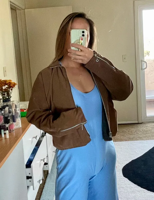 Caramel brown custom made microsuede feel women’s bomber jacket size M medium - Image 4
