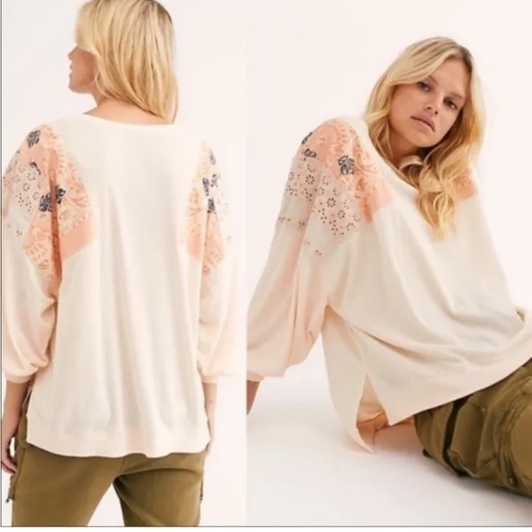 We The Free Free People Camiseta Feelin It Boho Patchwork Top in Alabaster Combo W1096 Sz S - Image 3