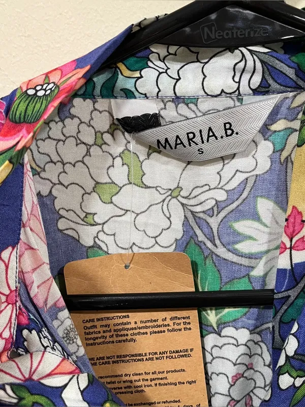 Maria B digital printed floral shirt dress boho smocked waist tiered S NWT - Image 6