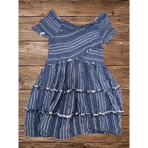 Boho Blue Striped Off Shoulder Tiered Mini Dress Women's M Vacation - Image 5