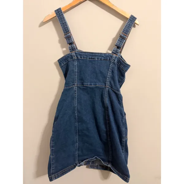 H&M Divided Denim Pinafore Dress Womens XS Blue Button Front Mini Adjustable - Image 4