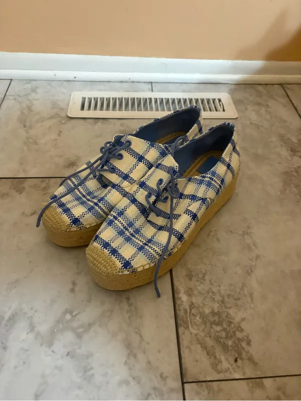 Tory Burch Florence Plaid Platform Espadrilles in Blue & White Jute - Image 3