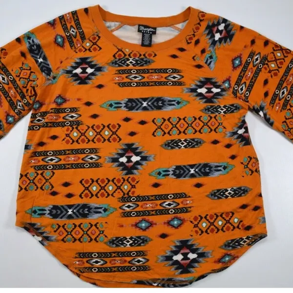Wrangler Retro Boho Aztec Southwest Balloon Sleeve Top • Ochre Mustard Small - Image 6