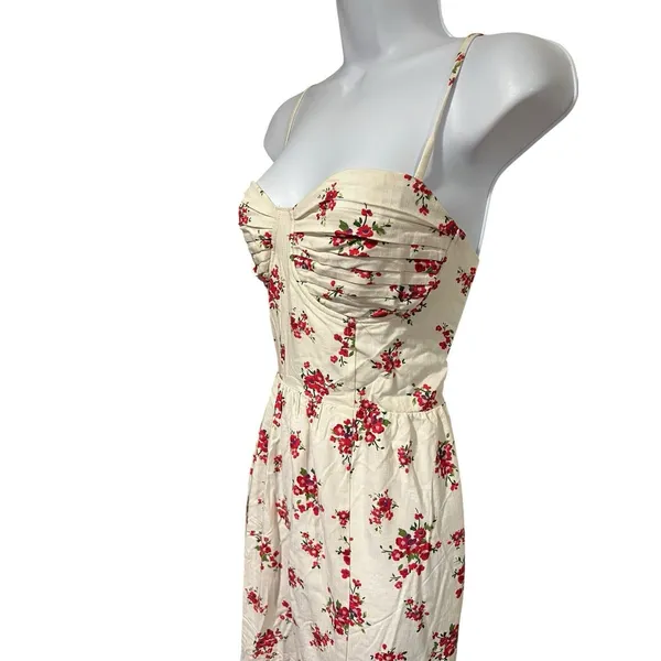 ASTR The Label Ivory Pink Red Floral Pleated Sweetheart Midi Dress Strappy M - Image 6