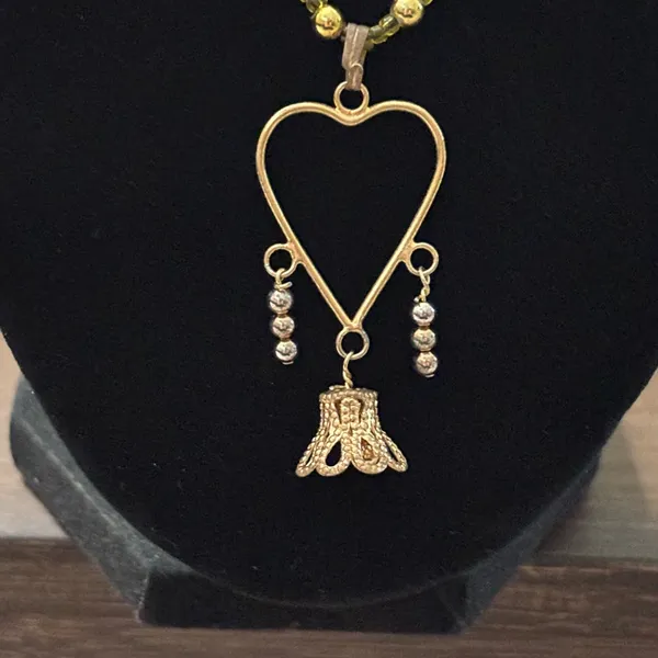 Chic Yellow and Blue Beaded Heart Pendant Necklace with Dangle Bell - Image 4